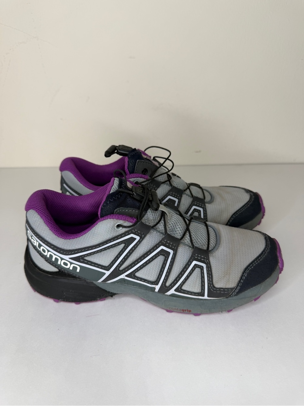 Salomon Speedcross Shoes Kids Size 37 US 5 Gray Purple Quicklace Running 417272